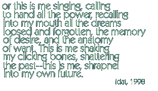 or this is me singing
calling to hand all the power, recalling
into my mouth all the dreams
loosed and forgotten, the memory
of desire, and the anatomy 
of want. This is me shaking
my clicking bones, shattering
the past--this is me, shrapnel
into my own future.  